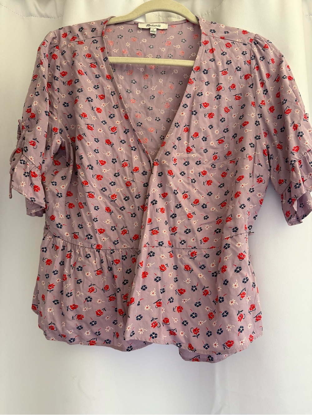 Madewell Lilac Floral V-Neck Peplum Blouse with Red & Navy Flowers